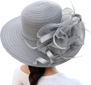 2025 Derby Hats for Women Girls Ladies, Organza Flower Wide Brim Church Tea Party Wedding Fascinator Sun Hat