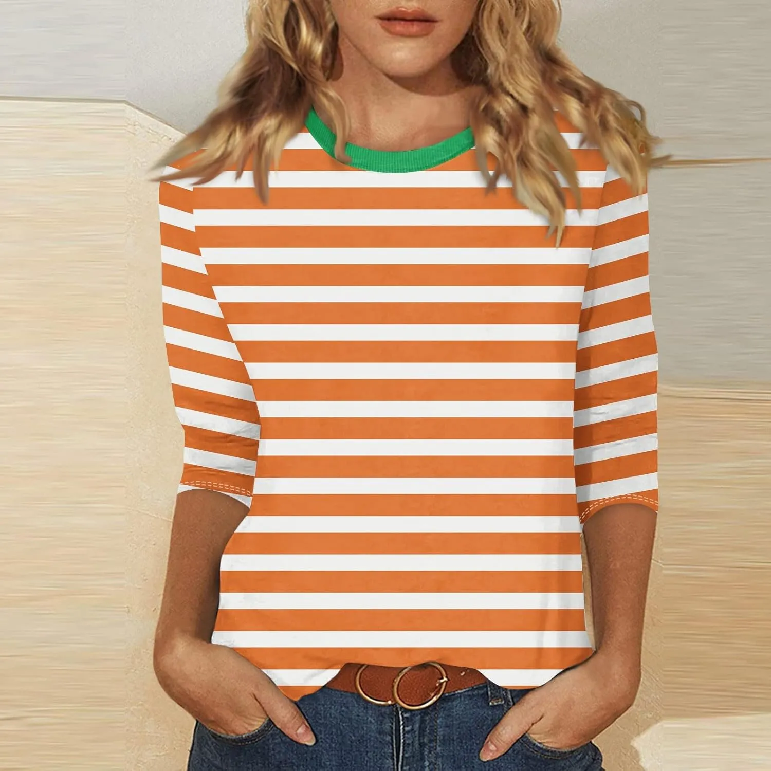 3/4 Length Sleeve Womens Tops Plus Size,Basic Elbow Sleeve Workout Top Striped Shirt Crew Neck 3 Quarter Sleeve Tees