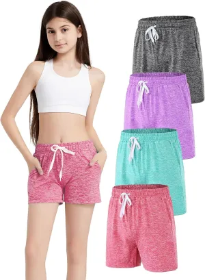 4 Pack Girls Athletic Shorts Dry-Fit Basketball Shorts with Pockets,Girls Running Shorts for Kids Gym Soccer