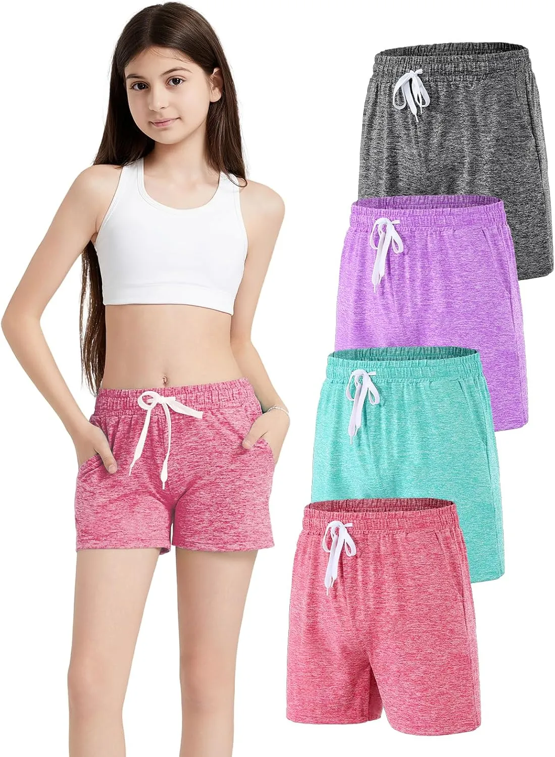 4 Pack Girls Athletic Shorts Dry-Fit Basketball Shorts with Pockets,Girls Running Shorts for Kids Gym Soccer