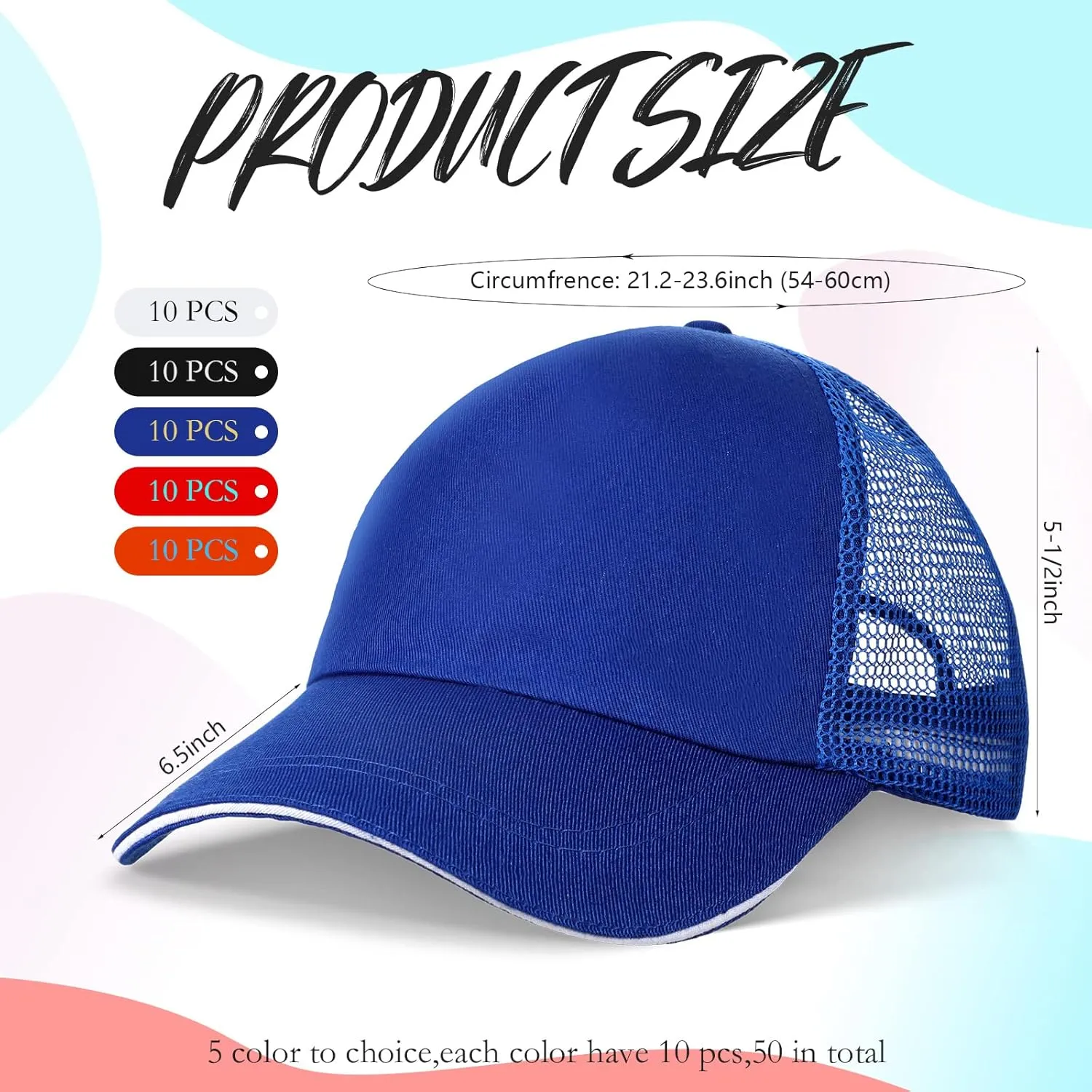 50 Pcs Blank Trucker Hats Bulk Unisex Sublimation Hat Baseball Cap Trucker Cap with Adjustable Snapback for Men Women
