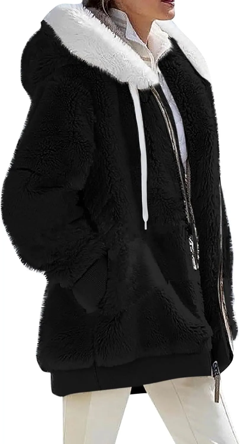 Abrigos De Mujer Invierno En Oferta Early Holiday Deals Winter Coats for Women Trendy Fleece Jacket Women Fuzzy Sherpa Lined Jacket Zip Up Hoodie Warm Clothes Holiday Outfits Deals(J-Black,XXL)