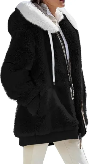 Abrigos De Mujer Invierno En Oferta Early Holiday Deals Winter Coats for Women Trendy Fleece Jacket Women Fuzzy Sherpa Lined Jacket Zip Up Hoodie Warm Clothes Holiday Outfits Deals(J-Black,XXL)