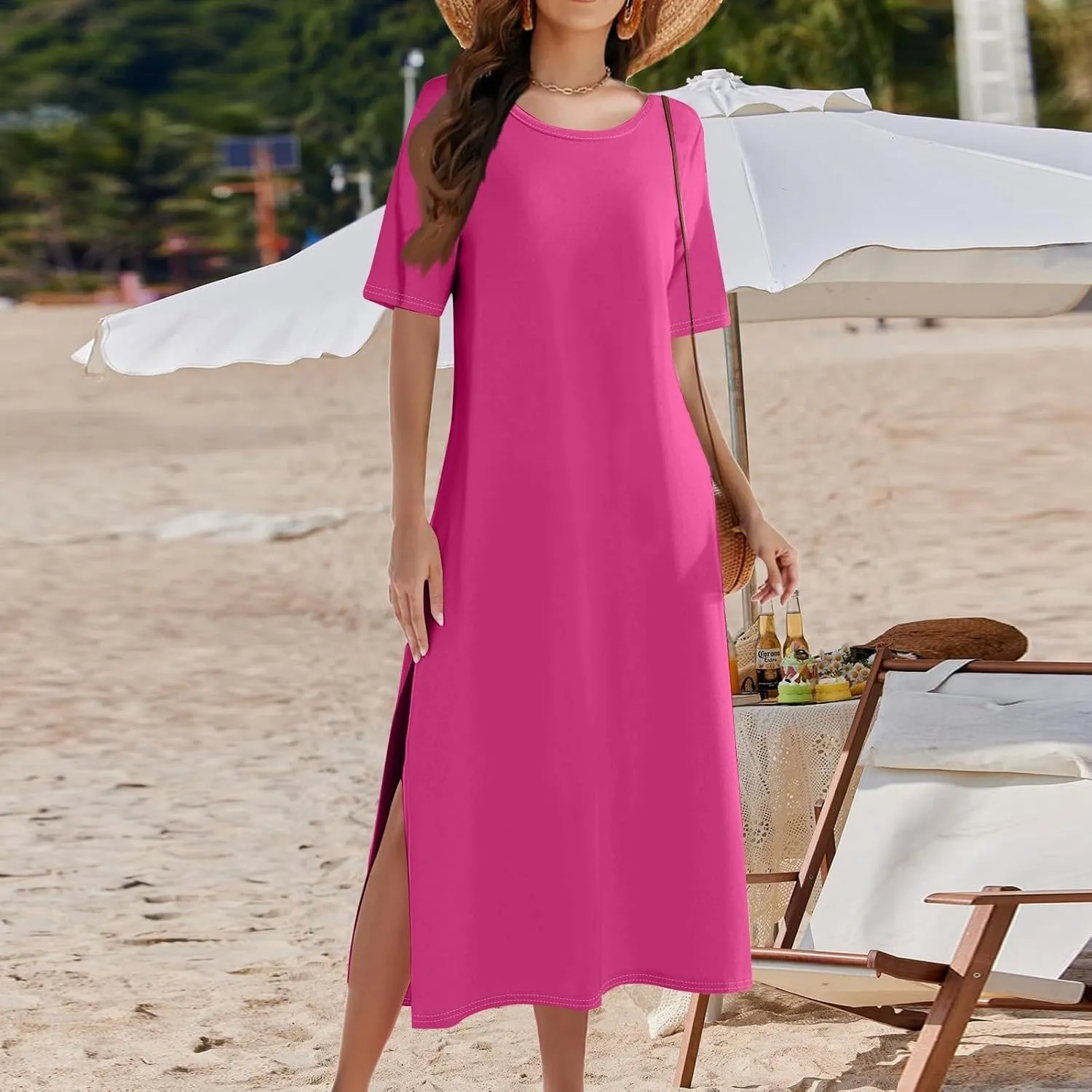 ADHOWBEW Womens Casual Summer Dresses Round Neck Short Sleeve Beach Bohemian Casual Loose Fit Dresses