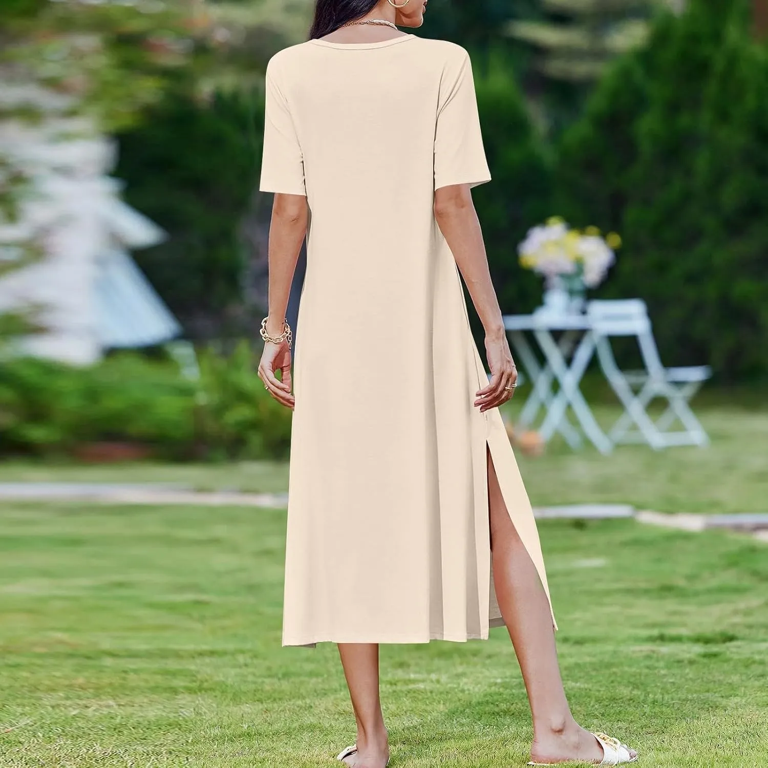 ADHOWBEW Womens Casual Summer Dresses Round Neck Short Sleeve Beach Bohemian Casual Loose Fit Dresses