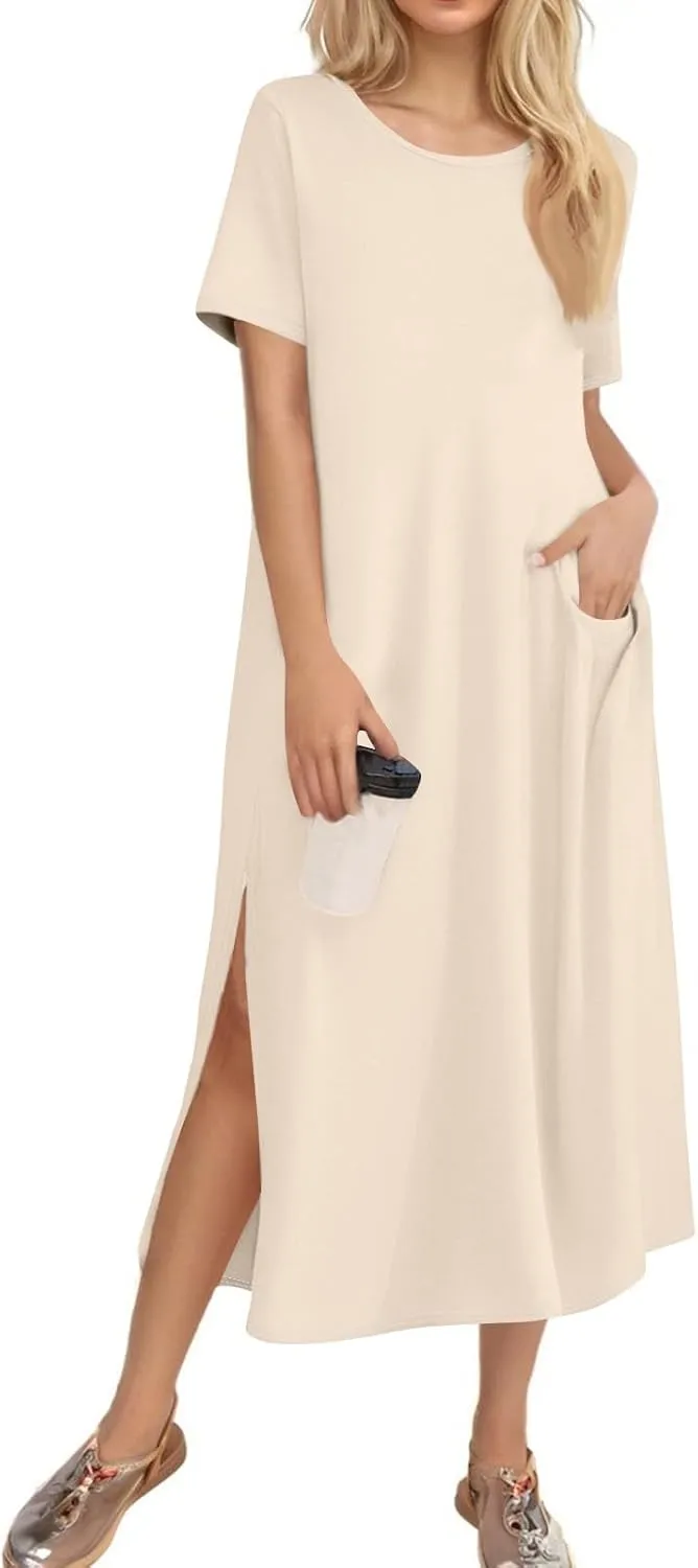 ADHOWBEW Womens Casual Summer Dresses Round Neck Short Sleeve Beach Bohemian Casual Loose Fit Dresses
