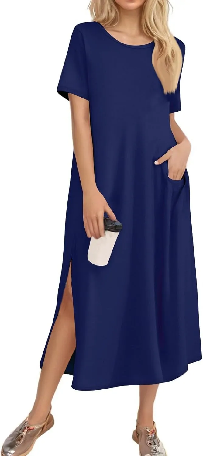 ADHOWBEW Womens Casual Summer Dresses Round Neck Short Sleeve Beach Bohemian Casual Loose Fit Dresses
