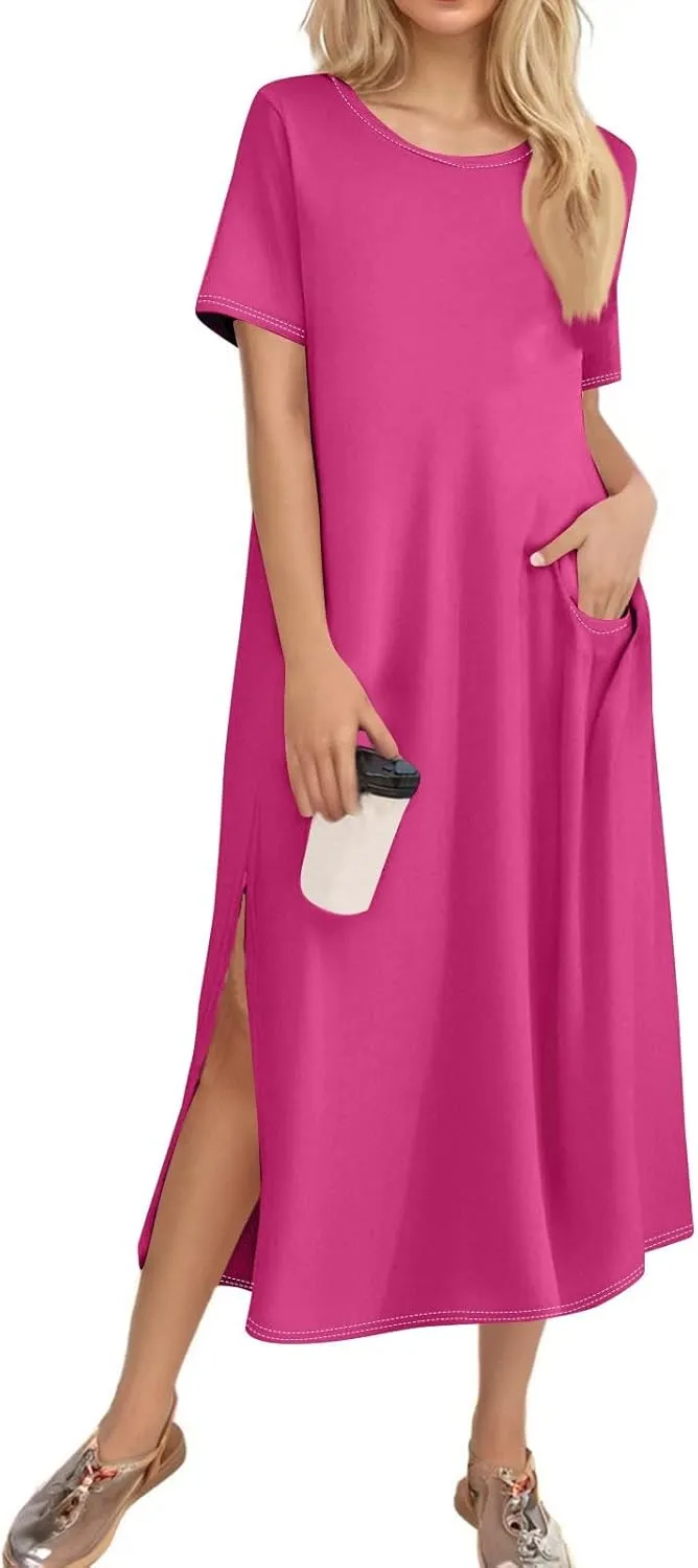 ADHOWBEW Womens Casual Summer Dresses Round Neck Short Sleeve Beach Bohemian Casual Loose Fit Dresses