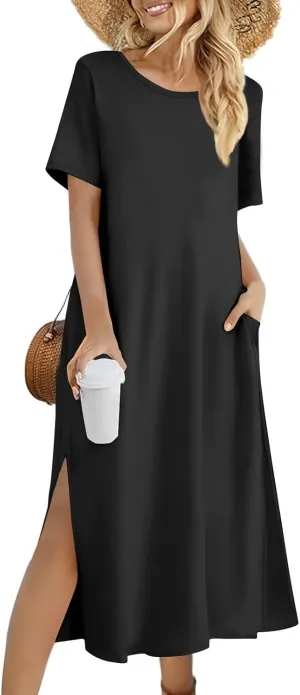 ADHOWBEW Womens Casual Summer Dresses Round Neck Short Sleeve Beach Bohemian Casual Loose Fit Dresses