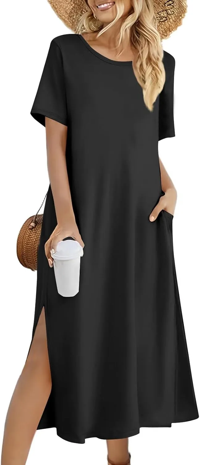 ADHOWBEW Womens Casual Summer Dresses Round Neck Short Sleeve Beach Bohemian Casual Loose Fit Dresses