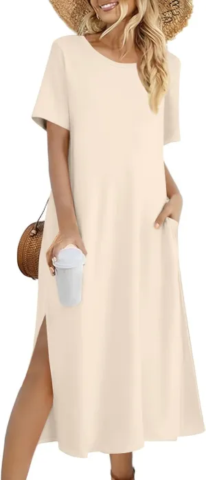 ADHOWBEW Womens Casual Summer Dresses Round Neck Short Sleeve Beach Bohemian Casual Loose Fit Dresses