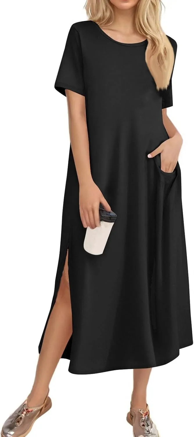 ADHOWBEW Womens Casual Summer Dresses Round Neck Short Sleeve Beach Bohemian Casual Loose Fit Dresses