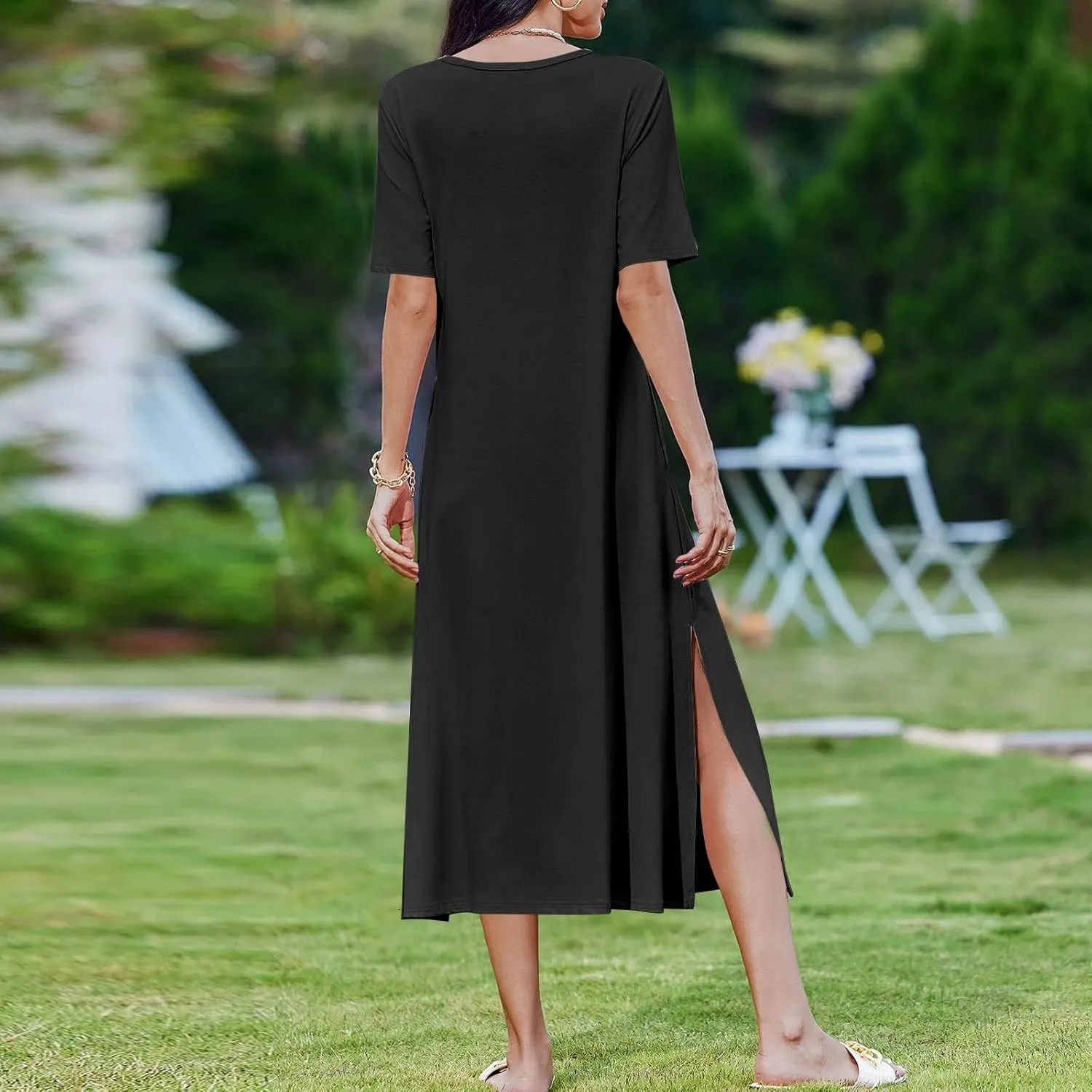 ADHOWBEW Womens Casual Summer Dresses Round Neck Short Sleeve Beach Bohemian Casual Loose Fit Dresses
