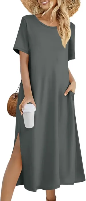 ADHOWBEW Womens Casual Summer Dresses Round Neck Short Sleeve Beach Bohemian Casual Loose Fit Dresses