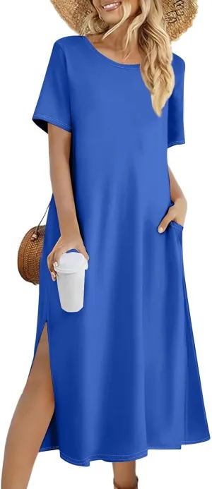 ADHOWBEW Womens Casual Summer Dresses Round Neck Short Sleeve Beach Bohemian Casual Loose Fit Dresses
