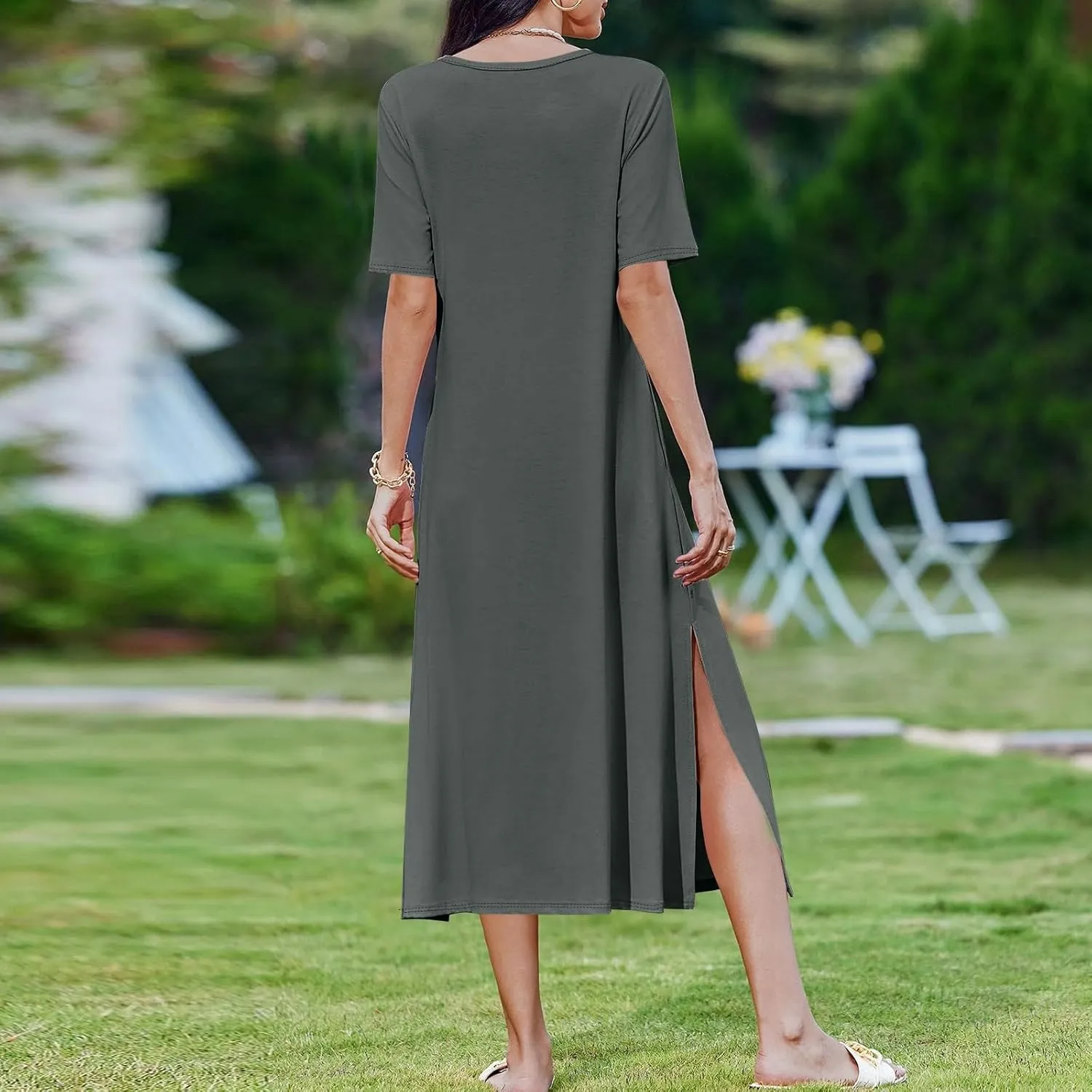 ADHOWBEW Womens Casual Summer Dresses Round Neck Short Sleeve Beach Bohemian Casual Loose Fit Dresses
