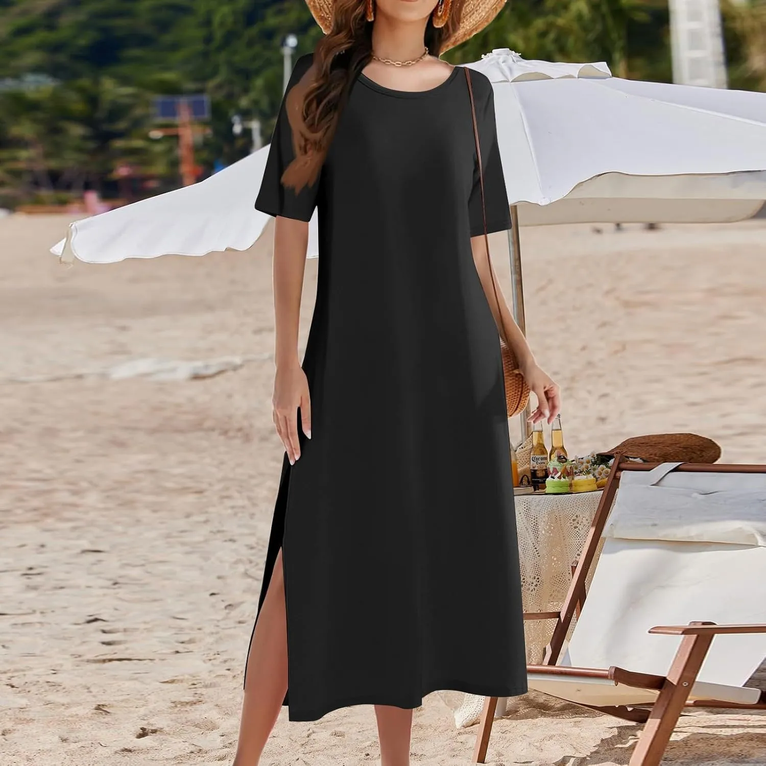 ADHOWBEW Womens Casual Summer Dresses Round Neck Short Sleeve Beach Bohemian Casual Loose Fit Dresses