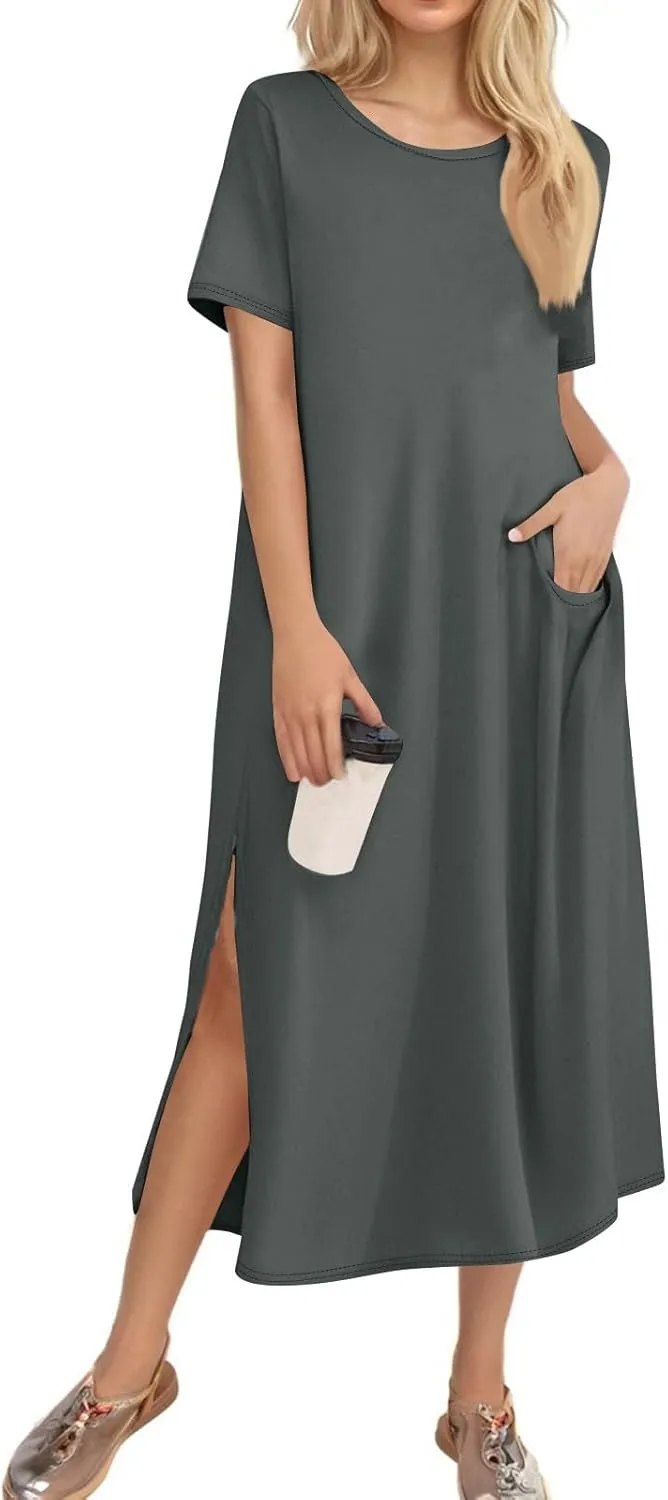 ADHOWBEW Womens Casual Summer Dresses Round Neck Short Sleeve Beach Bohemian Casual Loose Fit Dresses