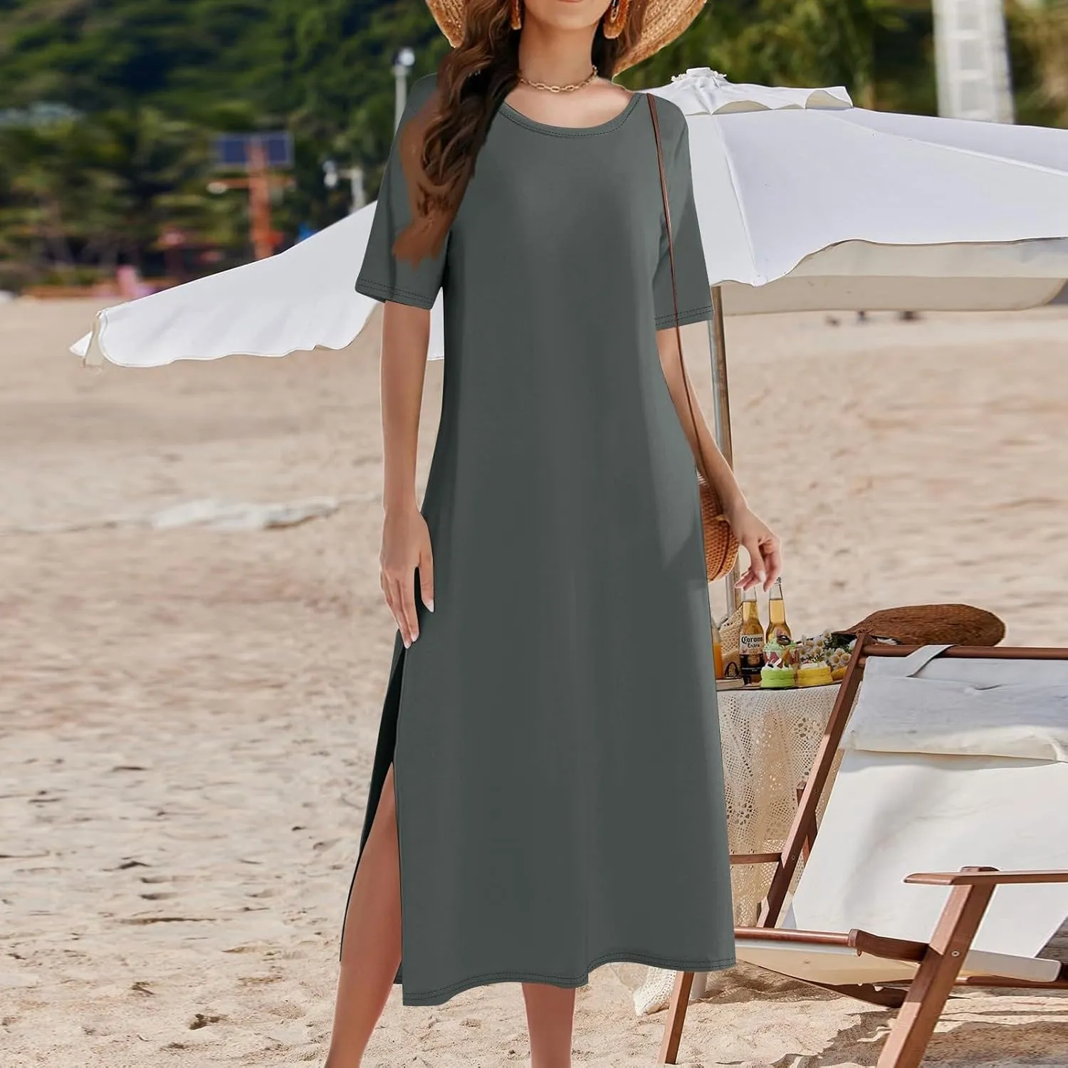 ADHOWBEW Womens Casual Summer Dresses Round Neck Short Sleeve Beach Bohemian Casual Loose Fit Dresses