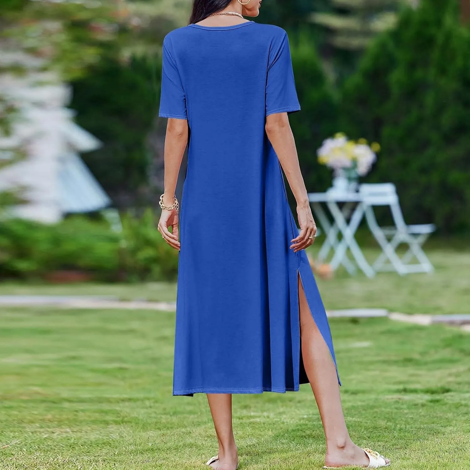 ADHOWBEW Womens Casual Summer Dresses Round Neck Short Sleeve Beach Bohemian Casual Loose Fit Dresses