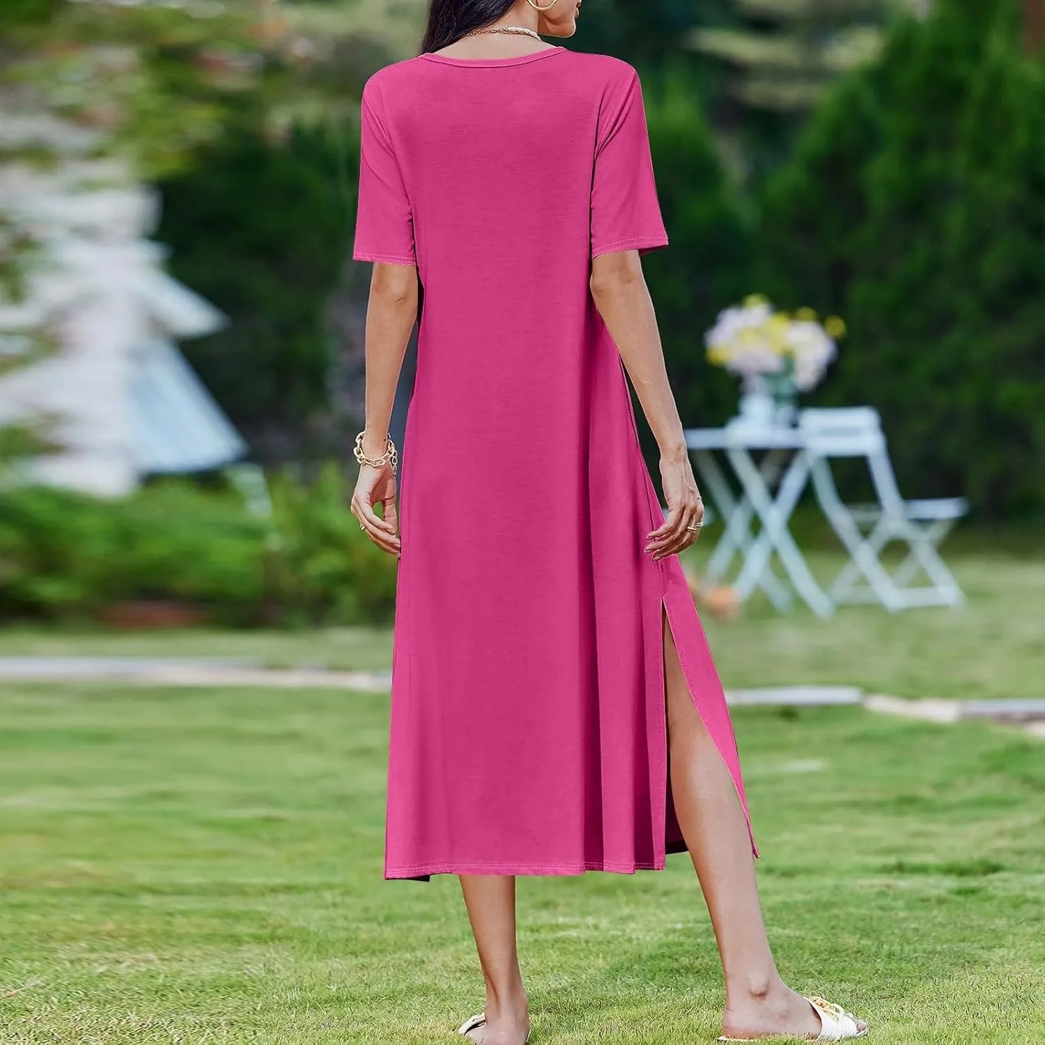 ADHOWBEW Womens Casual Summer Dresses Round Neck Short Sleeve Beach Bohemian Casual Loose Fit Dresses
