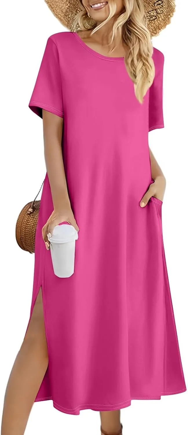 ADHOWBEW Womens Casual Summer Dresses Round Neck Short Sleeve Beach Bohemian Casual Loose Fit Dresses