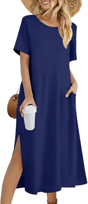 ADHOWBEW Womens Casual Summer Dresses Round Neck Short Sleeve Beach Bohemian Casual Loose Fit Dresses
