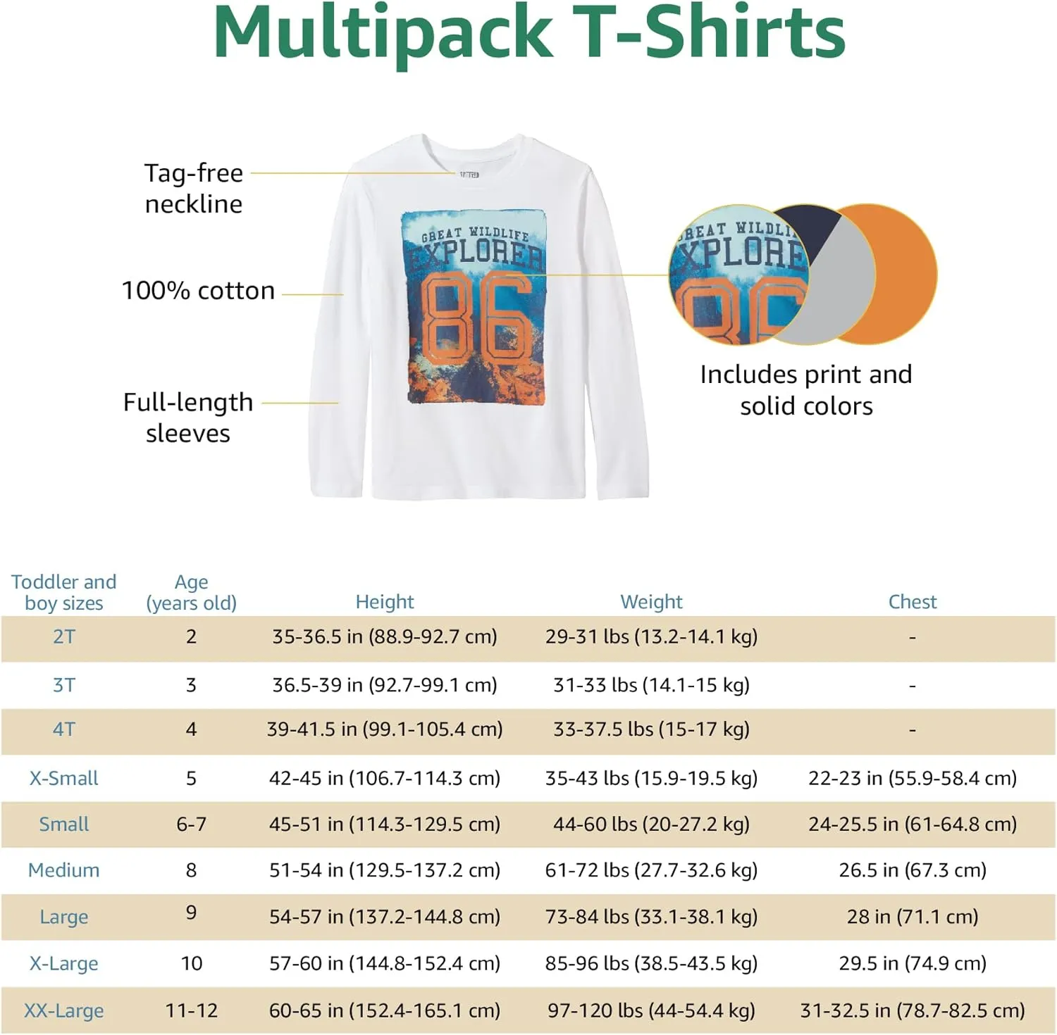 Amazon Essentials Boys and Toddlers' Long-Sleeve T-Shirts, Pack of 5