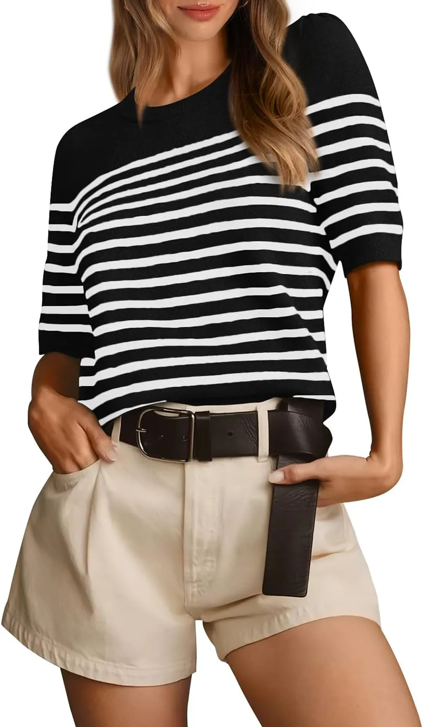 Amkoyam Women's 2025 Short Sleeve Crew Neck T Shirts Casual Striped Ribbed Knit Pullover Sweater Tops