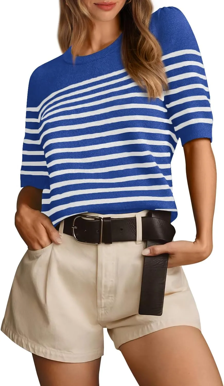 Amkoyam Women's 2025 Short Sleeve Crew Neck T Shirts Casual Striped Ribbed Knit Pullover Sweater Tops