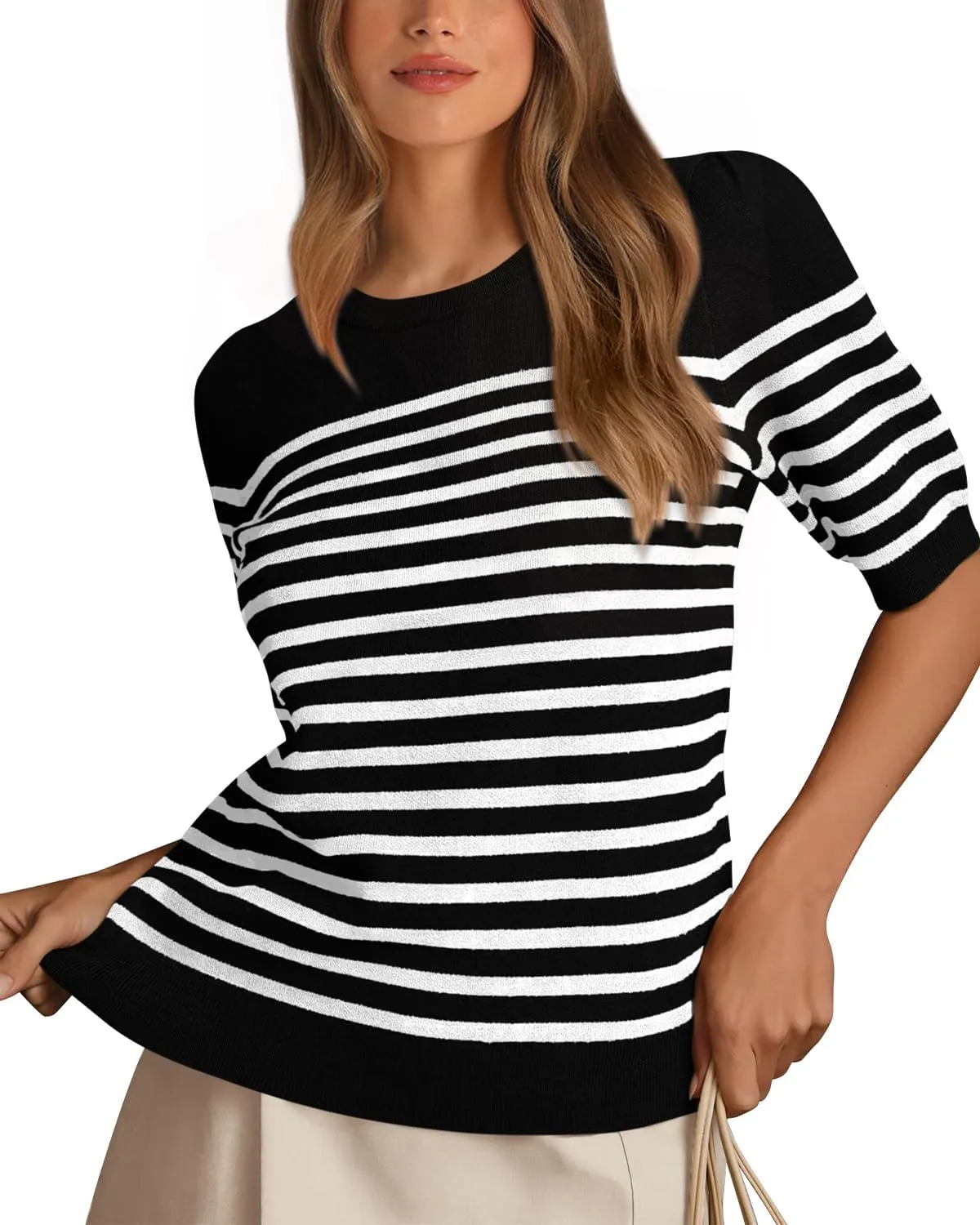 Amkoyam Women's 2025 Short Sleeve Crew Neck T Shirts Casual Striped Ribbed Knit Pullover Sweater Tops