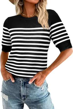 Amkoyam Women's 2025 Short Sleeve Crew Neck T Shirts Casual Striped Ribbed Knit Pullover Sweater Tops