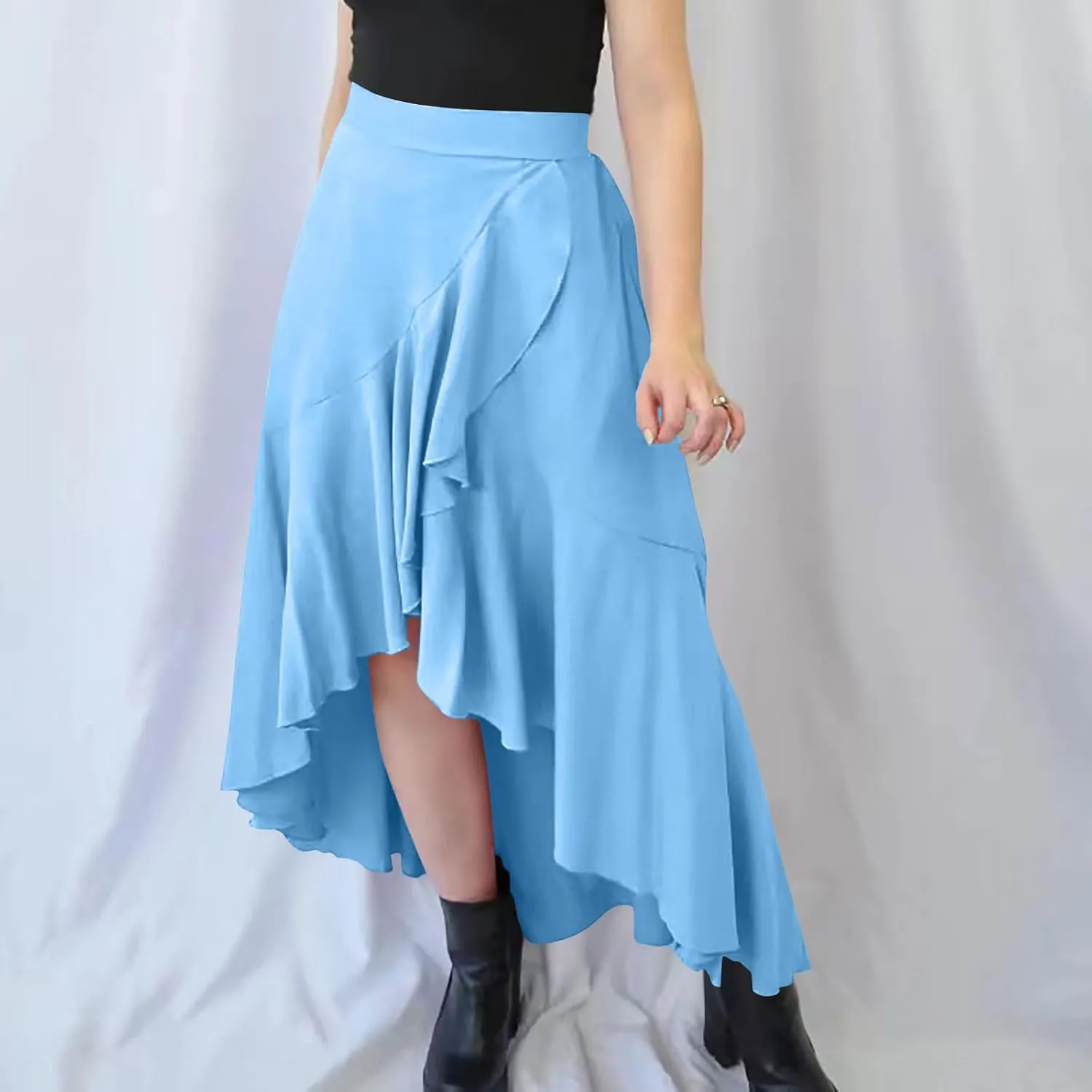 Asymmetrical Ruffle Hem Skirt for Women Summer Elegant Flowy High Low Skorts Casual Loose Flowy Beach A-Line Skirts