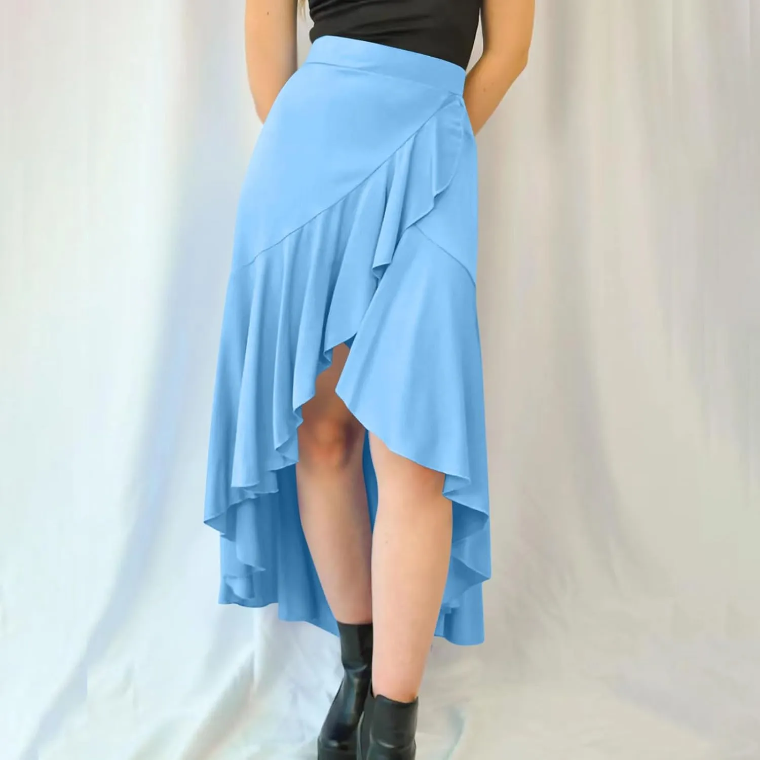 Asymmetrical Ruffle Hem Skirt for Women Summer Elegant Flowy High Low Skorts Casual Loose Flowy Beach A-Line Skirts