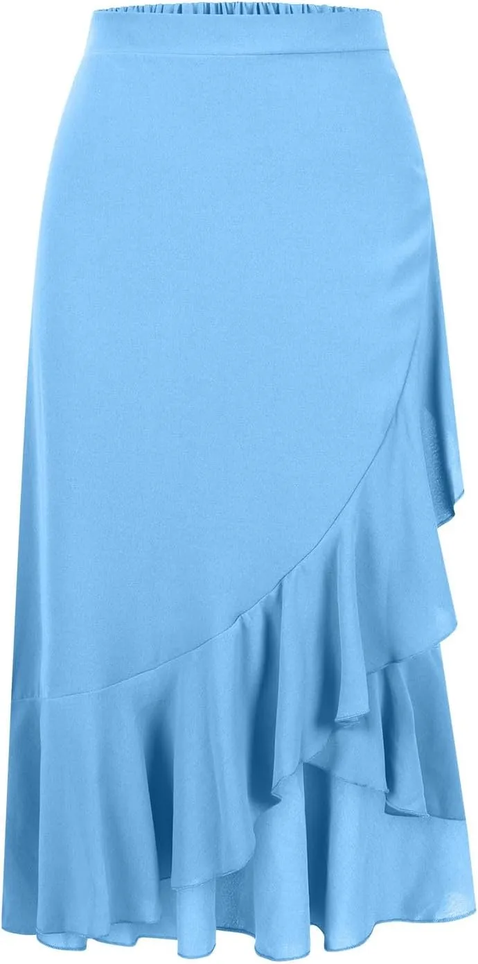 Asymmetrical Ruffle Hem Skirt for Women Summer Elegant Flowy High Low Skorts Casual Loose Flowy Beach A-Line Skirts