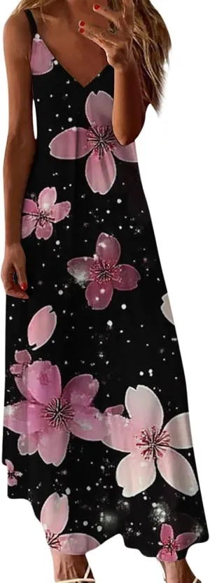 Beach Vacation Short Sleeve Crewneck Long Skirt Casual Flower Sleeveless V A Line Swing Casual Party Cocktail