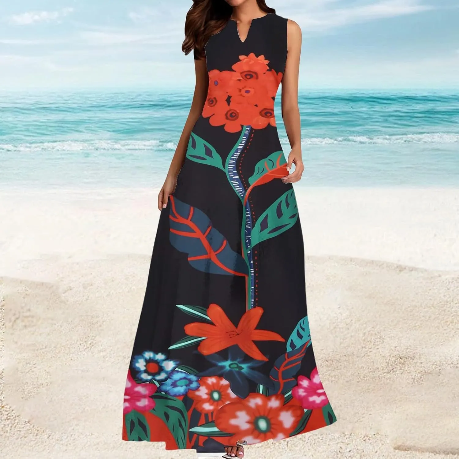 Beach Vacation Short Sleeve Crewneck Long Skirt Casual Flower Sleeveless V A Line Swing Casual Party Cocktail