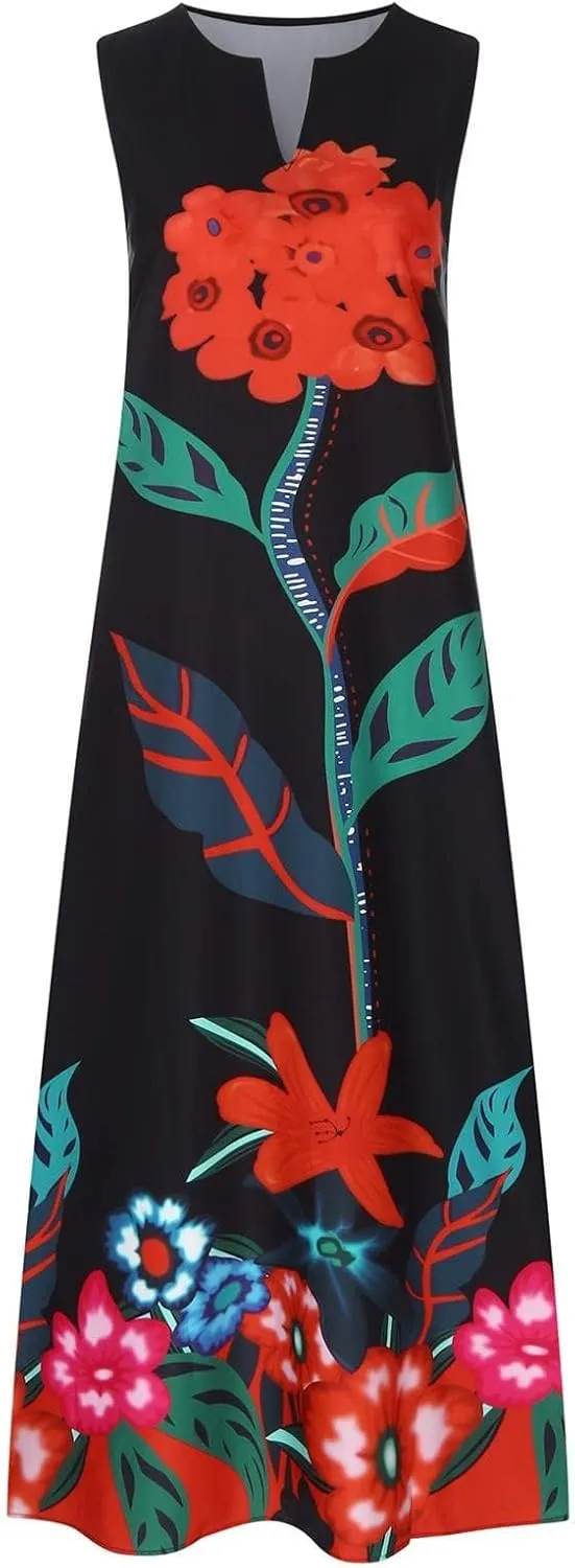 Beach Vacation Short Sleeve Crewneck Long Skirt Casual Flower Sleeveless V A Line Swing Casual Party Cocktail