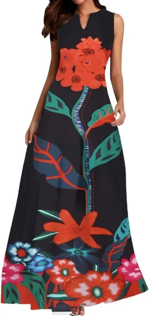 Beach Vacation Short Sleeve Crewneck Long Skirt Casual Flower Sleeveless V A Line Swing Casual Party Cocktail