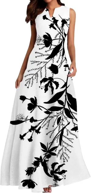 Beach Vacation Short Sleeve Crewneck Long Skirt Casual Flower Sleeveless V A Line Swing Casual Party Cocktail
