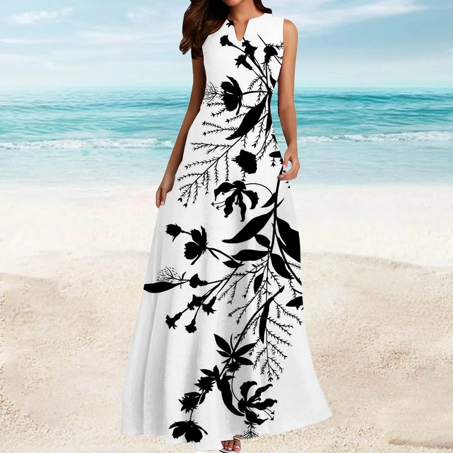Beach Vacation Short Sleeve Crewneck Long Skirt Casual Flower Sleeveless V A Line Swing Casual Party Cocktail