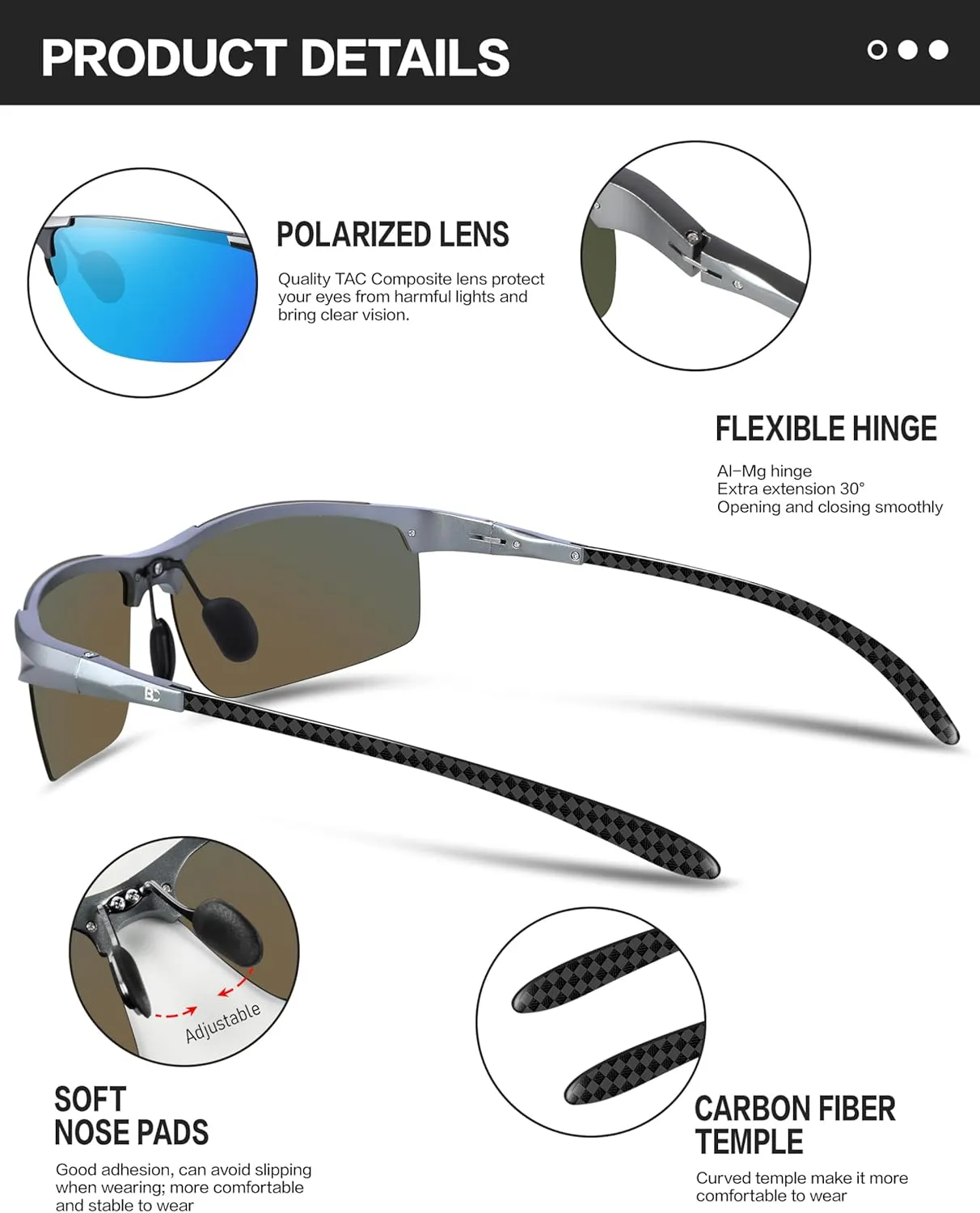 BIRCEN Mens Sunglasses Polarised UV Protection: Carbon Fiber Frame Sport Black Shades for Men Driving Fishing Golf