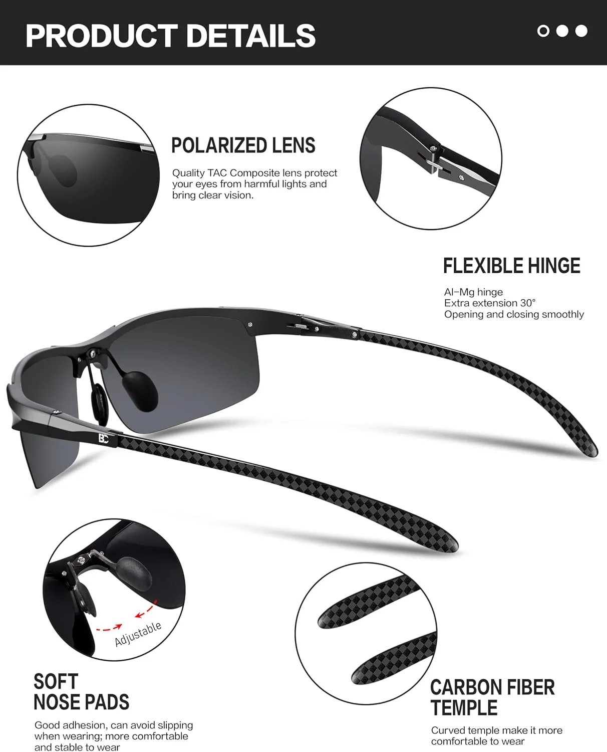 BIRCEN Mens Sunglasses Polarised UV Protection: Carbon Fiber Frame Sport Black Shades for Men Driving Fishing Golf