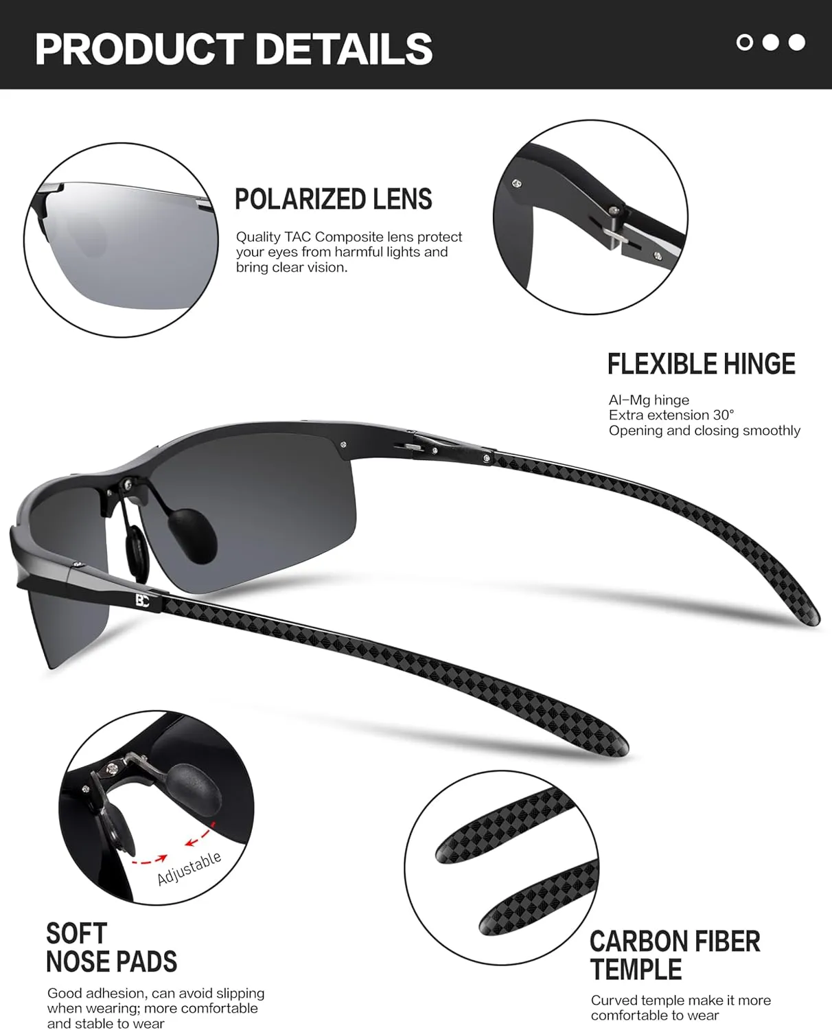 BIRCEN Mens Sunglasses Polarised UV Protection: Carbon Fiber Frame Sport Black Shades for Men Driving Fishing Golf