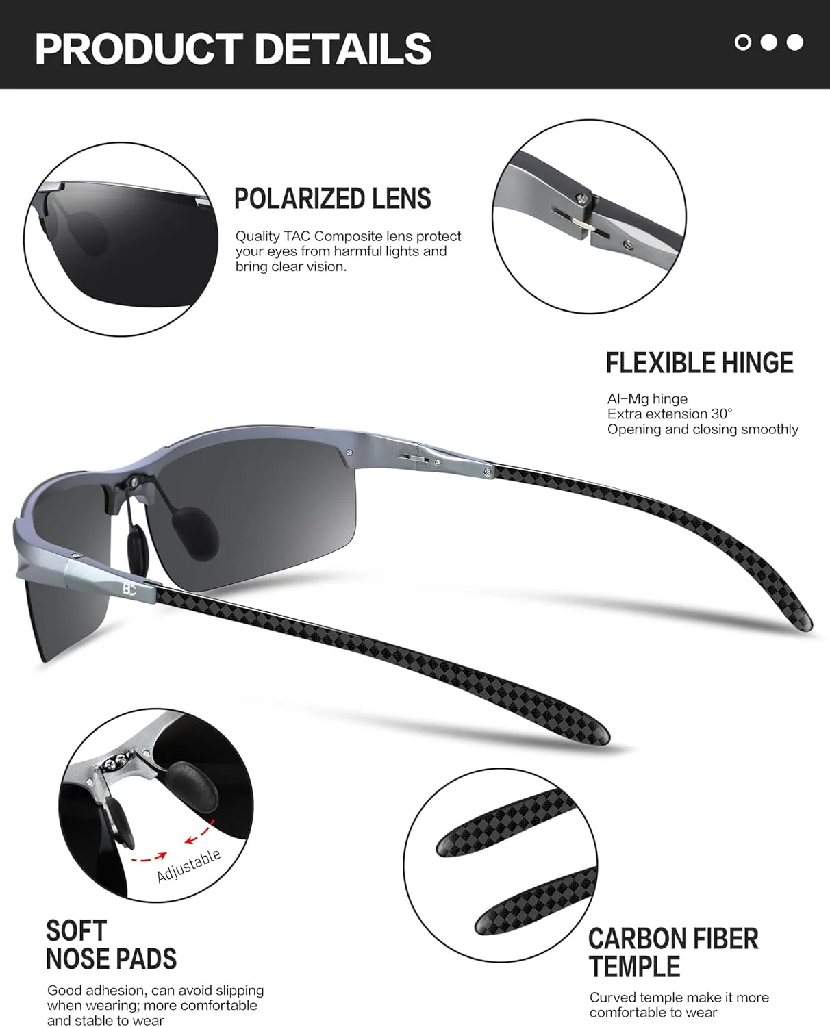 BIRCEN Mens Sunglasses Polarised UV Protection: Carbon Fiber Frame Sport Black Shades for Men Driving Fishing Golf