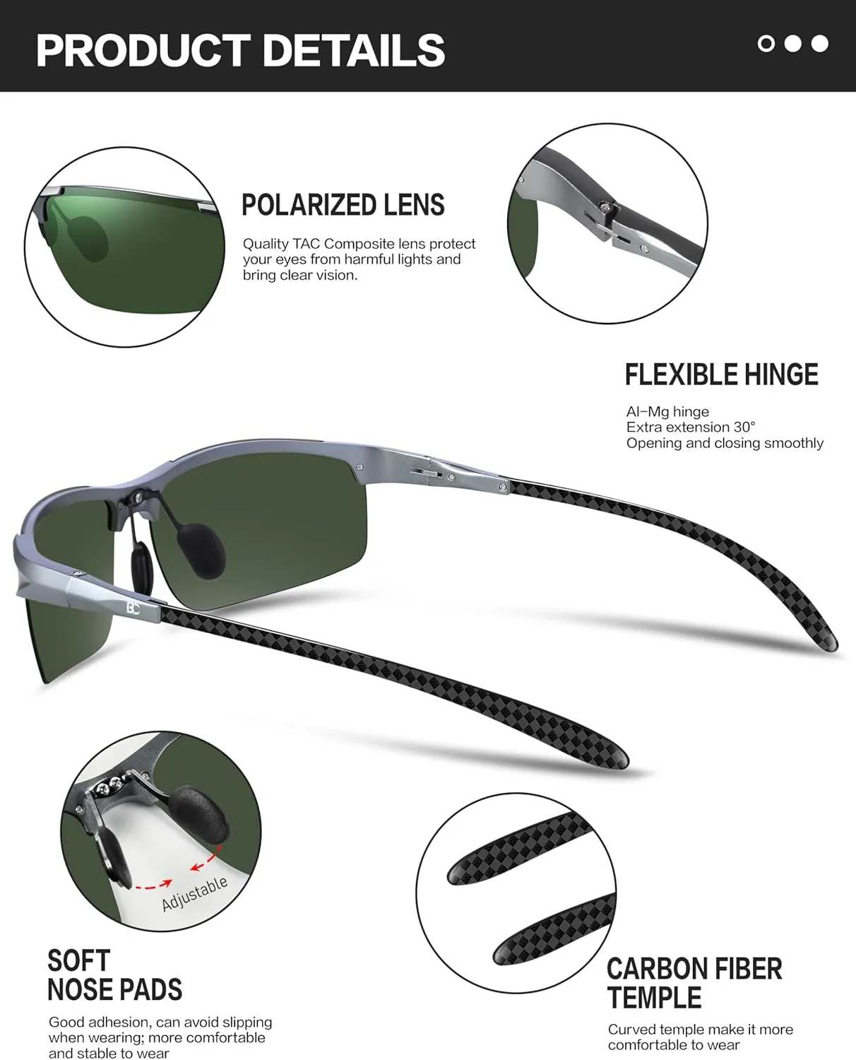 BIRCEN Mens Sunglasses Polarised UV Protection: Carbon Fiber Frame Sport Black Shades for Men Driving Fishing Golf