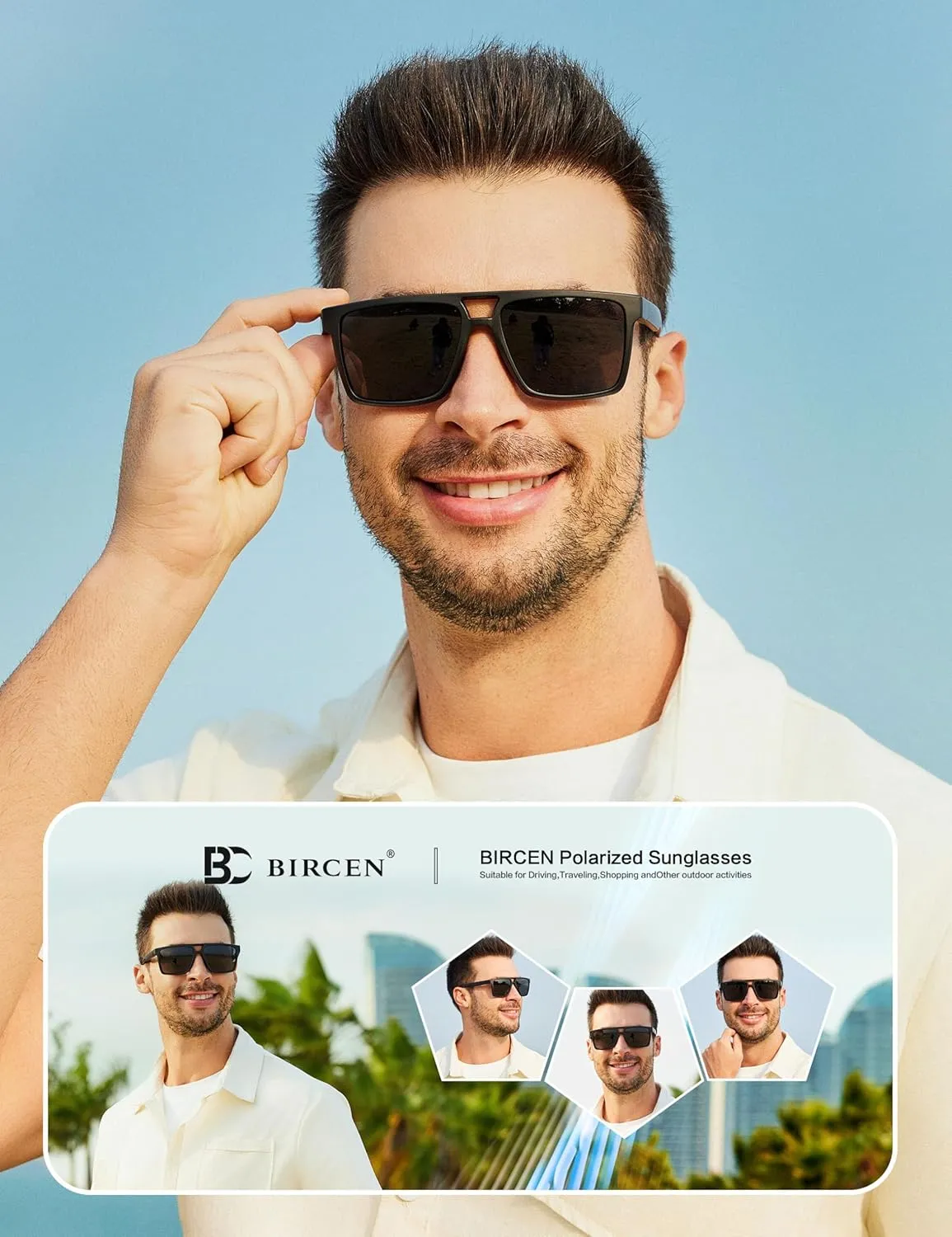 BIRCEN Polarized Sunglasses for Men UV-Protection: Sport Square Black Shades for Men Golf Fishing Motorcycle