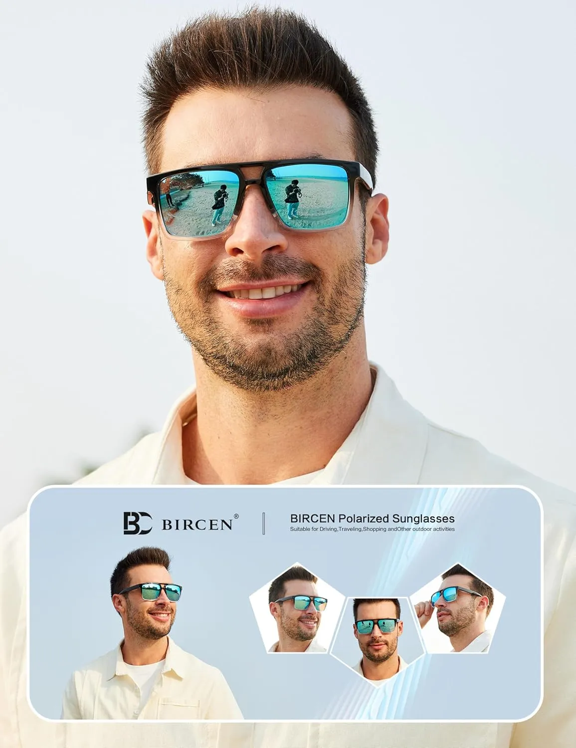 BIRCEN Polarized Sunglasses for Men UV-Protection: Sport Square Black Shades for Men Golf Fishing Motorcycle
