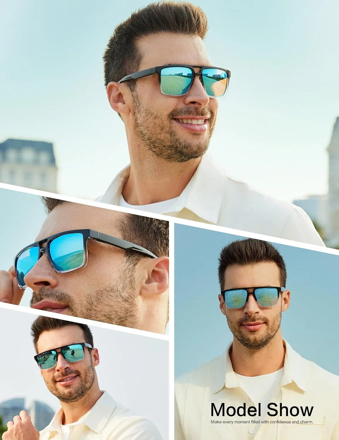 BIRCEN Polarized Sunglasses for Men UV-Protection: Sport Square Black Shades for Men Golf Fishing Motorcycle