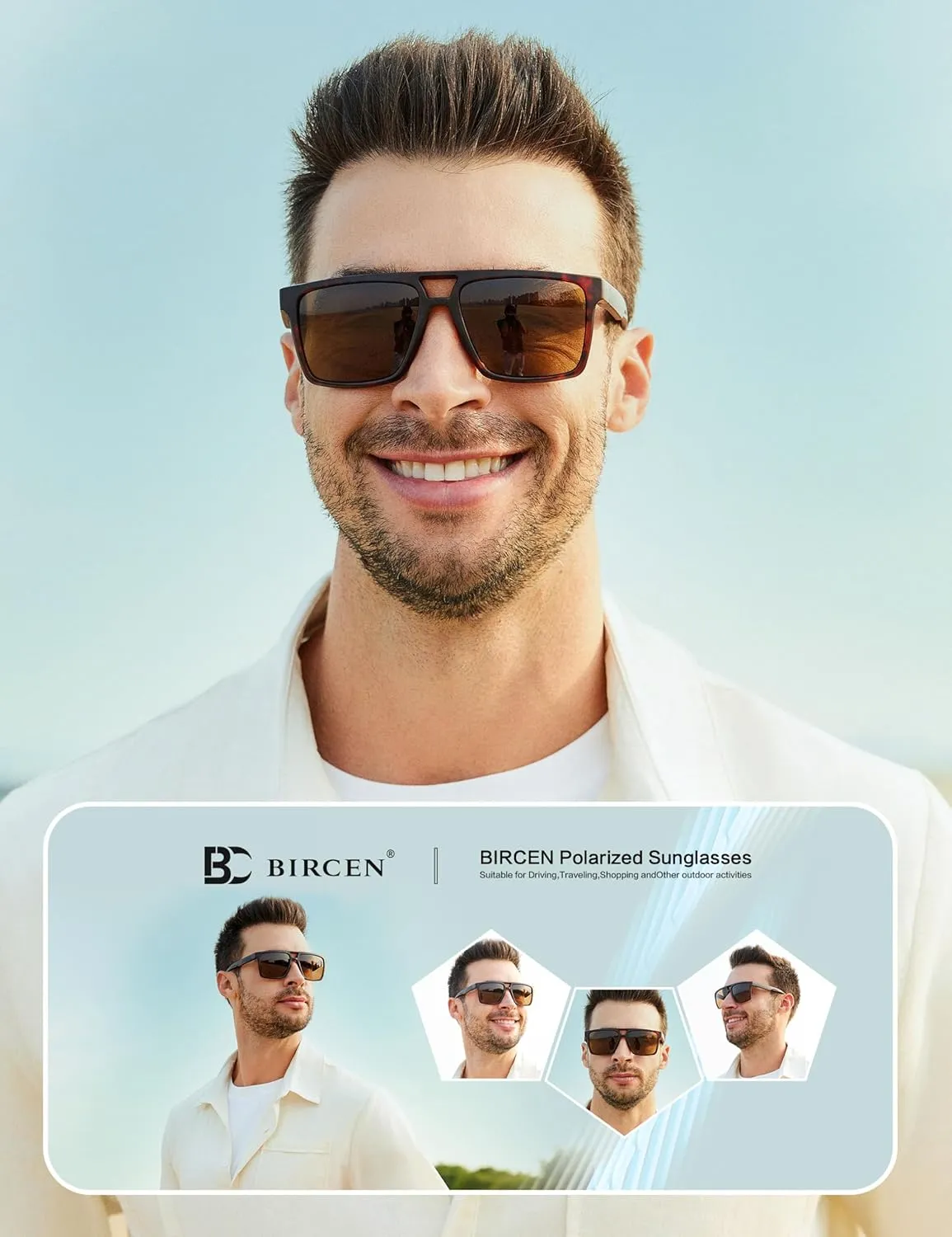 BIRCEN Polarized Sunglasses for Men UV-Protection: Sport Square Black Shades for Men Golf Fishing Motorcycle